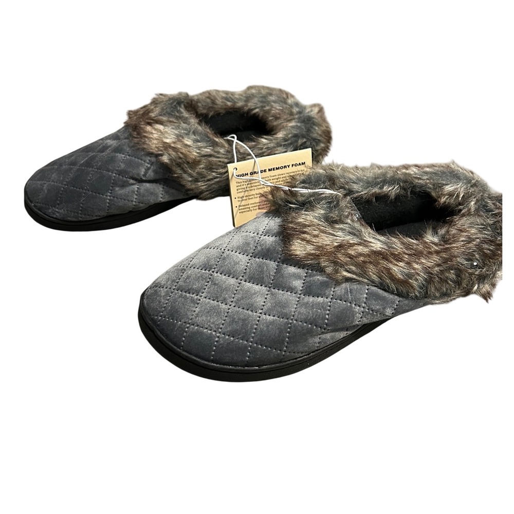 Dena Lives‎ Womens Quilted Memory Foam Slippers Grey Faux Fur Size Med.  7-8